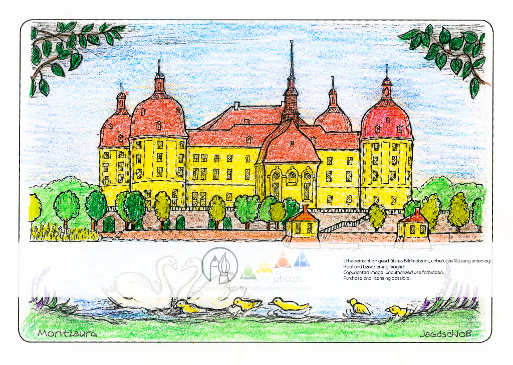 Die Postkarte zum Ausmalen; Postkarte Barockschloss Moritzburg; Jagdschloss und Lustschloss. Das Barockschloss von Moritzburg liegt
mitten in der herrlichen Teich- und Waldlandschaft
des Friedewaldes in der Nähe
von Dresden.
Die Kuppeln der vier mächtigen
Rundtürme, sowie das Dach leuchten in
warmem Rot. Das Schloss ist in den
Farben des sächsischen Barock, Ocker
und Weiss gehalten. Zwei Schwäne mit
ihren Jungen begegnen sich am Ufer. Das Schloss war Filmkulisse für den Märchenfilm 3 Haselnüsse für Aschenbrödel.
