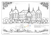 Die Postkarte zum Ausmalen; Postkarte Barockschloss Moritzburg; Jagdschloss und Lustschloss. Das Barockschloss von Moritzburg liegt
mitten in der herrlichen Teich- und Waldlandschaft
des Friedewaldes in der Nähe
von Dresden.
Die Kuppeln der vier mächtigen
Rundtürme, sowie das Dach leuchten in
warmem Rot. Das Schloss ist in den
Farben des sächsischen Barock, Ocker
und Weiss gehalten. Zwei Schwäne mit
ihren Jungen begegnen sich am Ufer. Das Schloss war Filmkulisse für den Märchenfilm 3 Haselnüsse für Aschenbrödel.