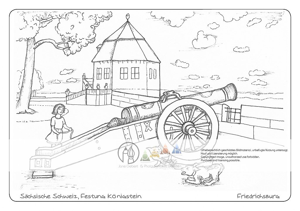 Die Postkarte zum Ausmalen; Postkarte Festung Königstein Friedrichsburg mit Kanone. Ein verspieltes, detailreiches Motiv.
Erfordert etwas größere Aufmerksamkeit
und Geduld, bietet vielfältige
Möglichkeiten zur Farbgebung – nach
Vorgabe oder nach Phantasie.
