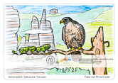 Die Postkarte zum Ausmalen; Postkarte Brosinnadel. Beliebtes Motiv, das mit Falke, markanten
Felsgebilden (Brosinnadel und Falkenstein
im Hintergrund) und Kiefer drei
typische Merkmale von Natur und Landschaft
der Sächsischen Schweiz vereint.