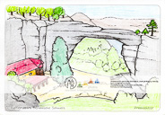 Die Postkarte zum Ausmalen; Postkarte Prebischtor. Die größte natürliche Sandsteinbrücke
Europas, die sogar schon im Kino zu
sehen war.
Das Ausmalen dieses Motivs erfordert
etwas mehr Geduld durch kleinere
Flächen. Eine aufwendigere Gestaltung
ist möglich z. B. durch das Strukturieren
von Felsen und Wald. Das dargestellte
Gasthaus „Falkennest“ kann mit Farben
phantasievoll bemalt werden.