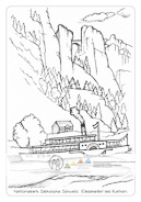 Die Postkarte zum Ausmalen; Postkarte Elbdampfer. Ein Schaufelraddampfer
vor der berühmten Bastei –
das Motiv für alle, die sich
sowohl für die Landschaft
als auch für Technik begeistern.
Die vielen Details
fordern schon größere
Aufmerksamkeit und
Geschick – egal, ob der
Dampfer nach dem Vorbild
auf der Elbe oder frei nach
Phantasie gestaltet wird.
Und gibt es nicht auch
Enten auf der Elbe?
