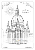 Die Postkarte zum Ausmalen; Postkarte Dresden Frauenkirche. Die neuerbaute Frauenkirche
ist als Symbol
für Frieden und Versöhnung
in der ganzen
Welt bekannt. Sie ist
einer der größten Kuppelbauten
nördlich der
Alpen.
Der helle Ton des
Sandsteins und ein
blauer Himmel wirken
sehr harmonisch. Es
können eigene Ideen
eingefügt werden.
Damit bietet die
Zeichnung Freiraum für
kreatives Gestalten.