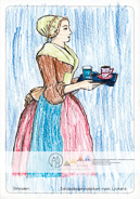 Die Postkarte zum Ausmalen; Postkarte Dresden Schokoladenmädchen nach Liotard. Ein ruhiges Motiv, das mit seinen großen Flächen leicht zu gestalten ist. Es zeigt, was zum Schokoladengenuss vor über zweihundert Jahren dazugehörte: das Tässchen mit der heißen Schokolade und ein Glas Wasser. Das Originalgemälde besticht durch zarte Pastelltöne. Ausgemalt von Fiona, 9 Jahre