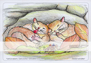 Die Postkarte zum Ausmalen; Postkarte Siebenschläfer. Zwei Siebenschläfer machen es sich in einer Höhle bequem und pennen. Der Siebenschläfer ist ein seltener, scheuer Bewohner des Felsengebirges.